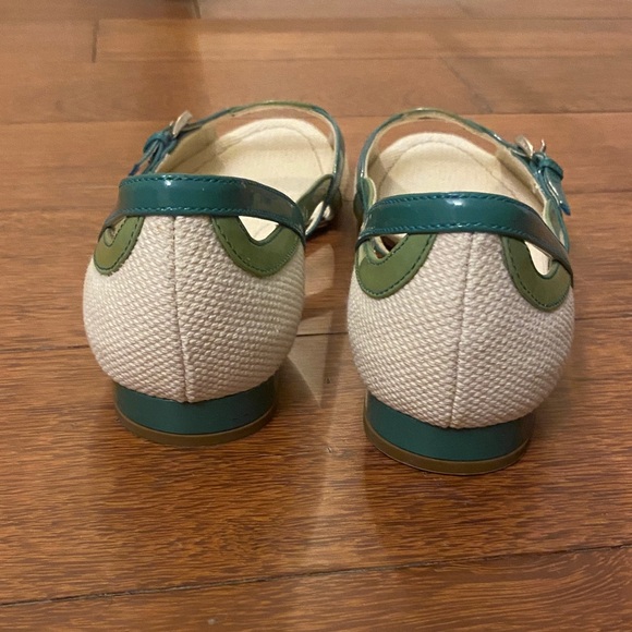 PRADA NWOT Teal Mint Green Blue Cream White Open Toe Flats Sandals Patent - Picture 4 of 5